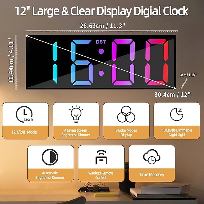 Large RGB Digital Wall Clock 12" LED Display Auto-Dim Night Light Bedroom Office
