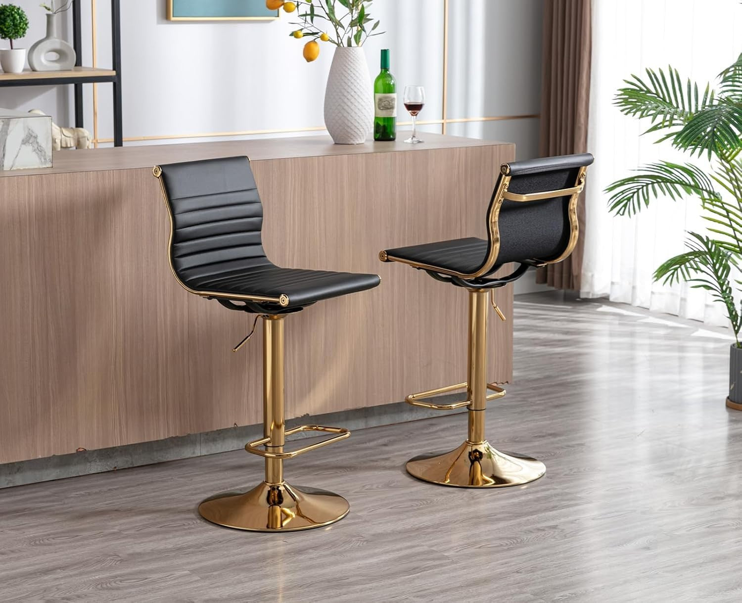 Adjustable Black PU Leather Bar Stools Set of 2 Swivel Kitchen Counter