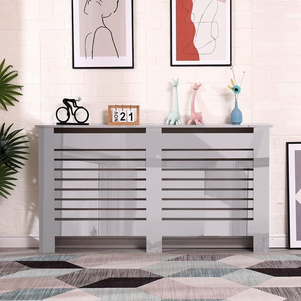 Modern Grey Radiator Cover High Gloss Slatted Cabinet W151.5xH82cm