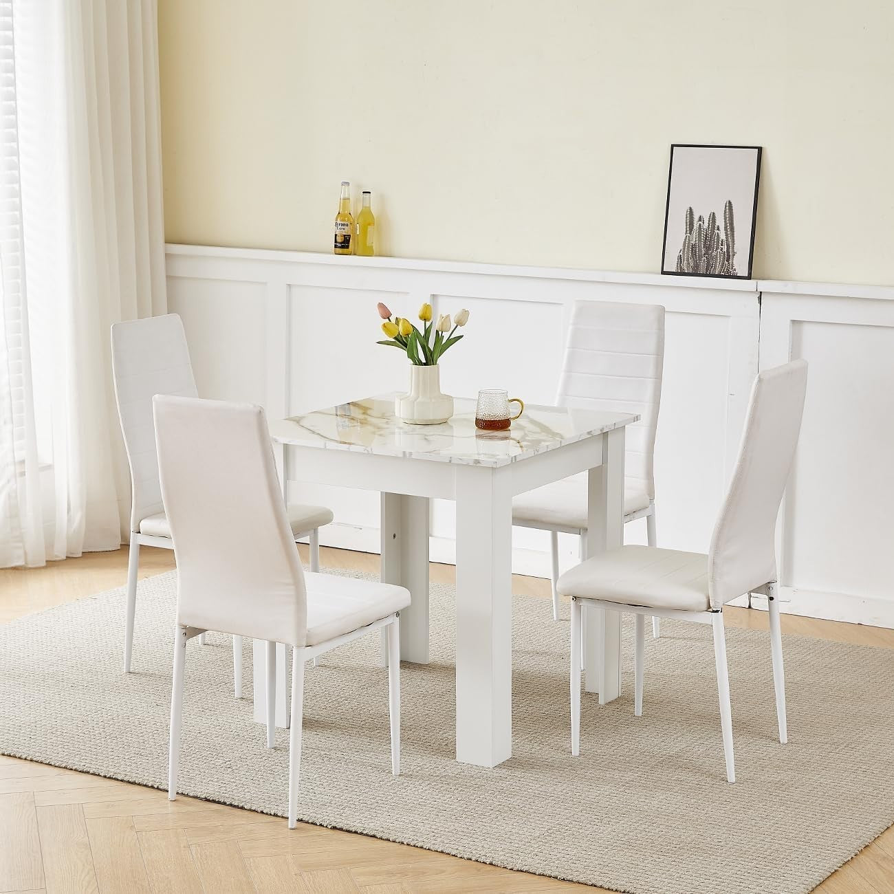Modern 4-Piece White Marble Dining Set with 2 PU Chairs for Small Spaces