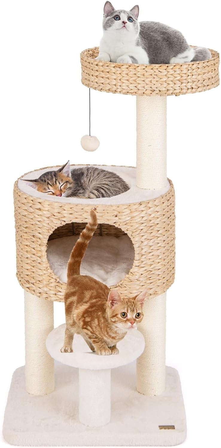 Modern Cat Tree Tower With Wicker Condo Top Perch Scratching Posts Indoor