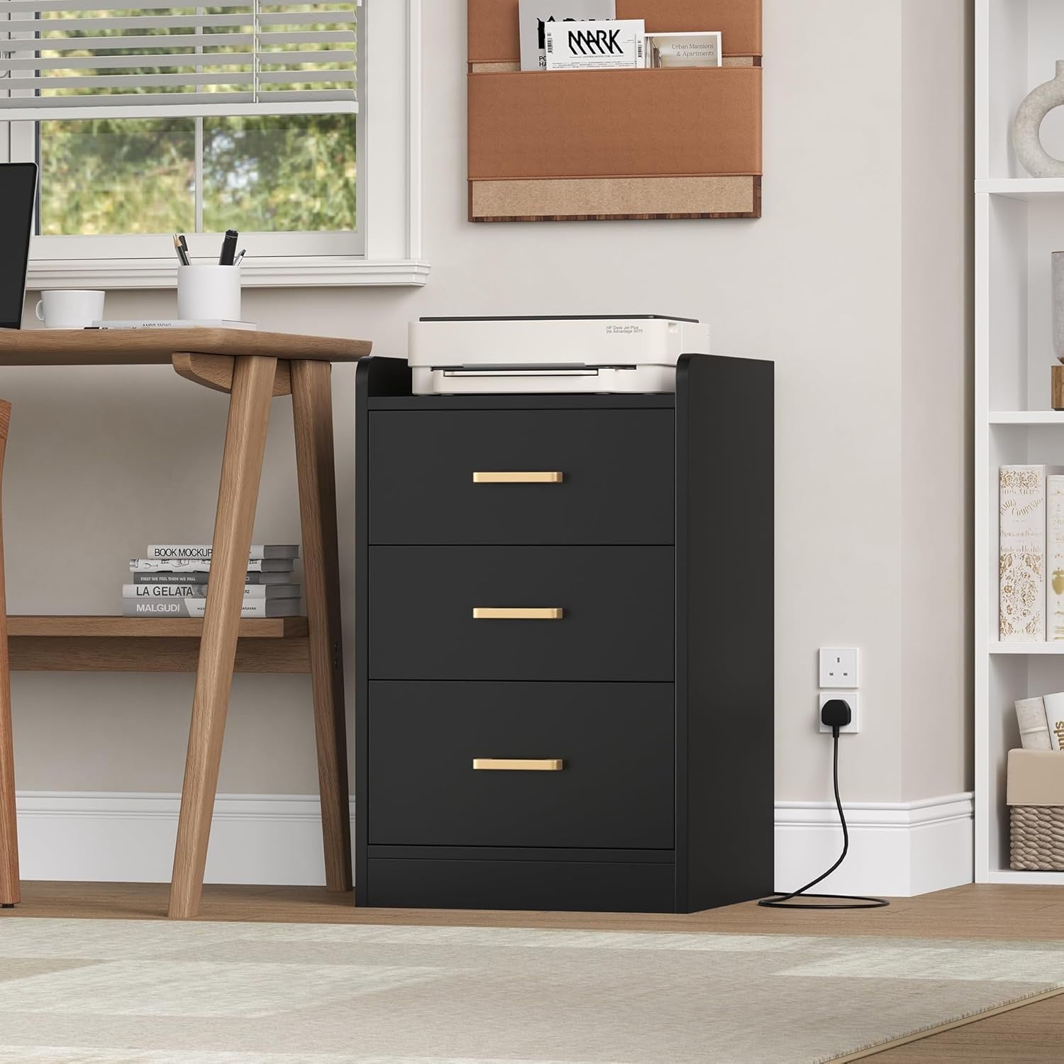 Black Bedside Table with USB Charging Station 3 Drawers Modern Nightstand