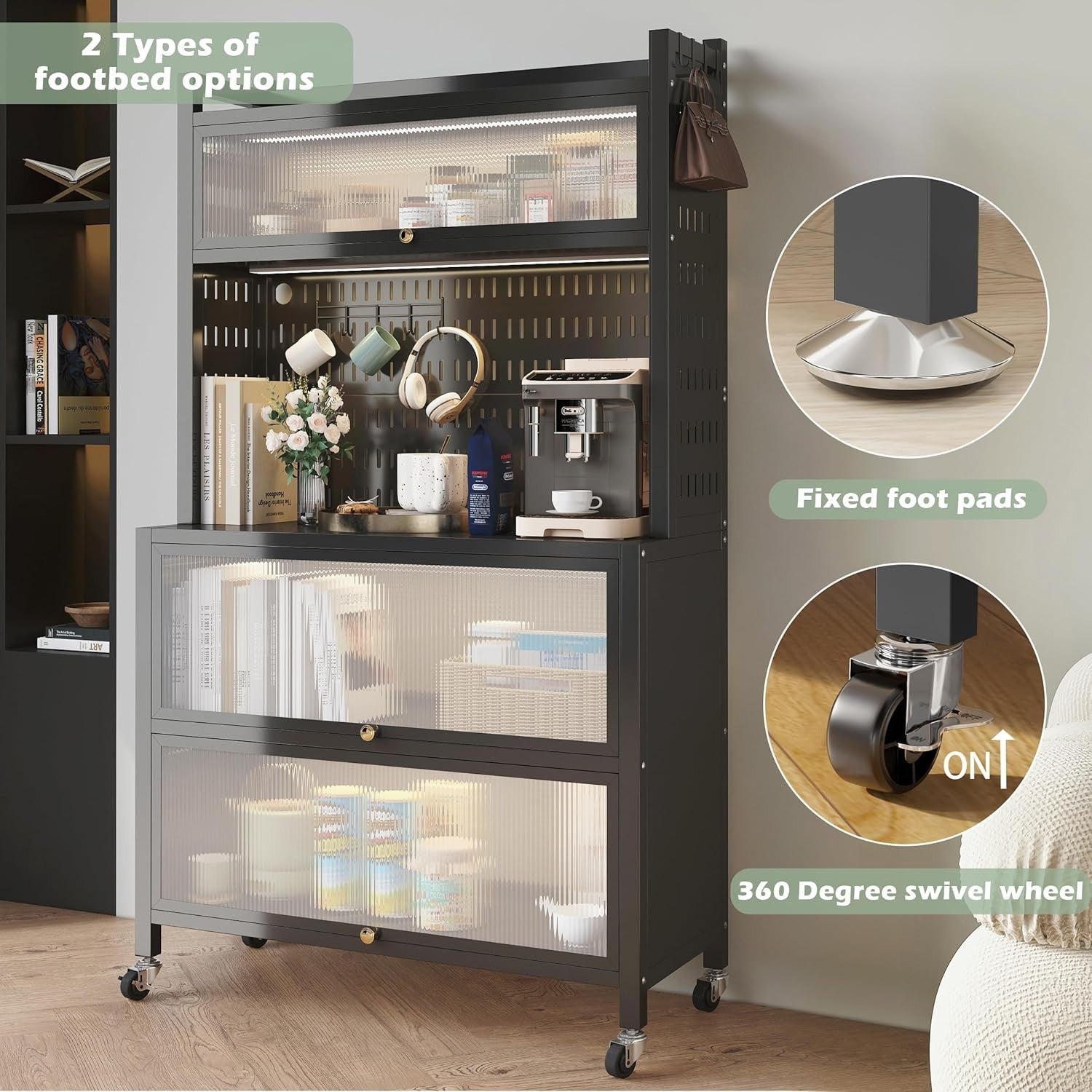 80x36x162cm Black 5-Tier Kitchen Baker's Rack with Flip Doors & Wheels