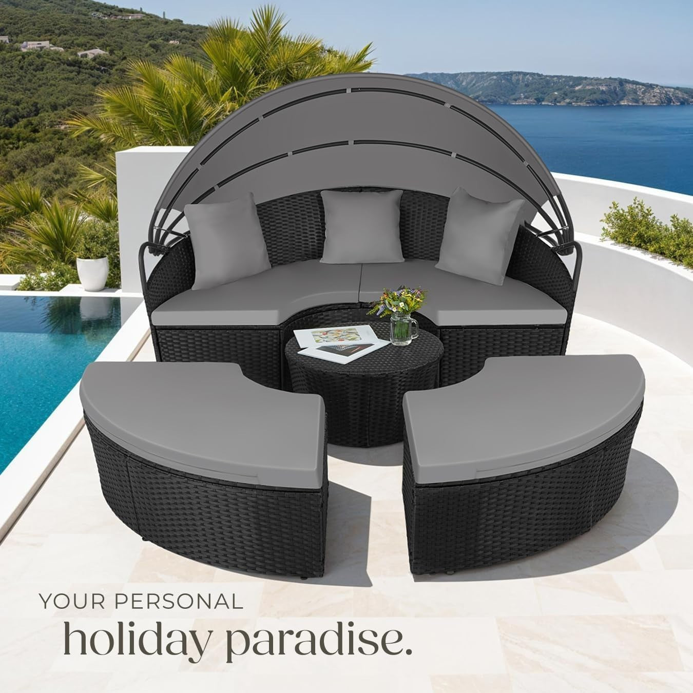 Modular 5-Piece Outdoor Rattan Daybed Set with Adjustable Canopy & Cushions