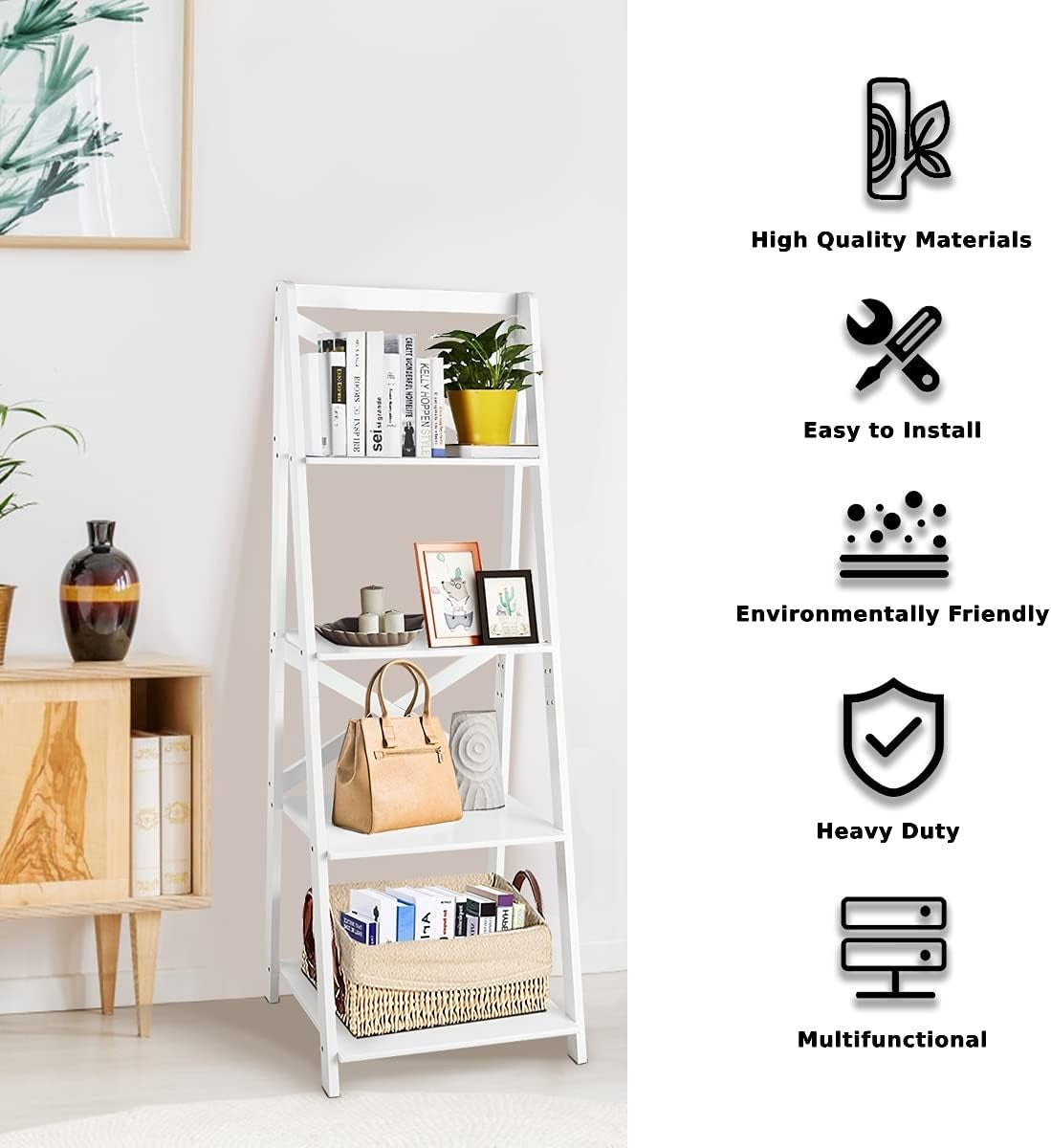 4 Tier Ladder Shelf Bookcase Leaning Display Storage Unit White