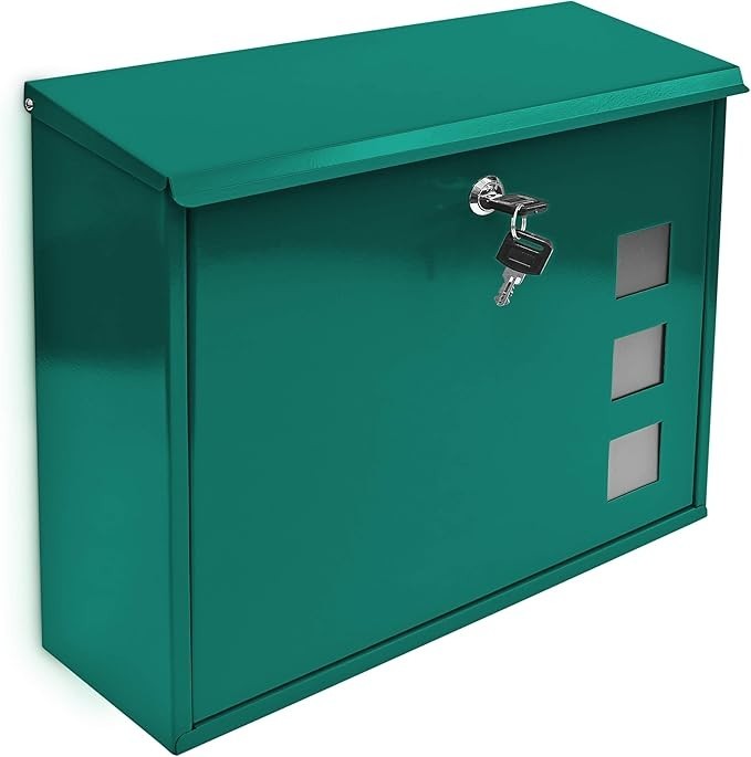 Wall Mounted Lockable Metal Mailbox Green Waterproof Letterbox 3 Windows