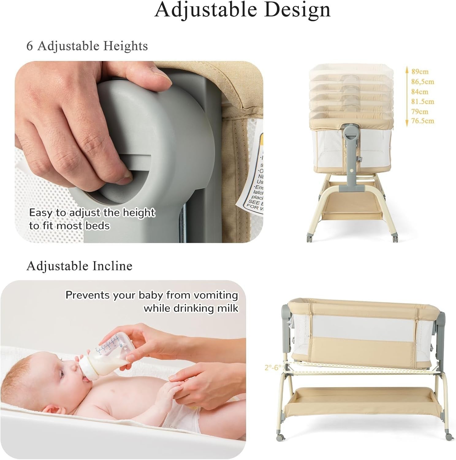 4-in-1 Baby Bedside Crib with Adjustable Height, Mosquito Net & Storage Beige