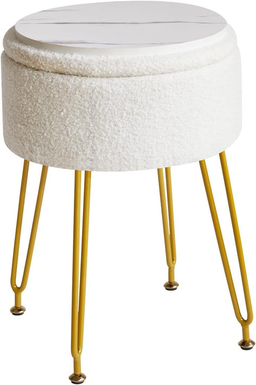 White Teddy Velvet Storage Footrest Stool – Vanity Seat w/ Golden Steel Legs