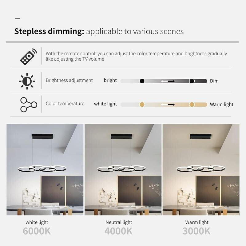 Black LED Ring Chandelier 4 Ring Dimmable Pendant Light for Kitchen