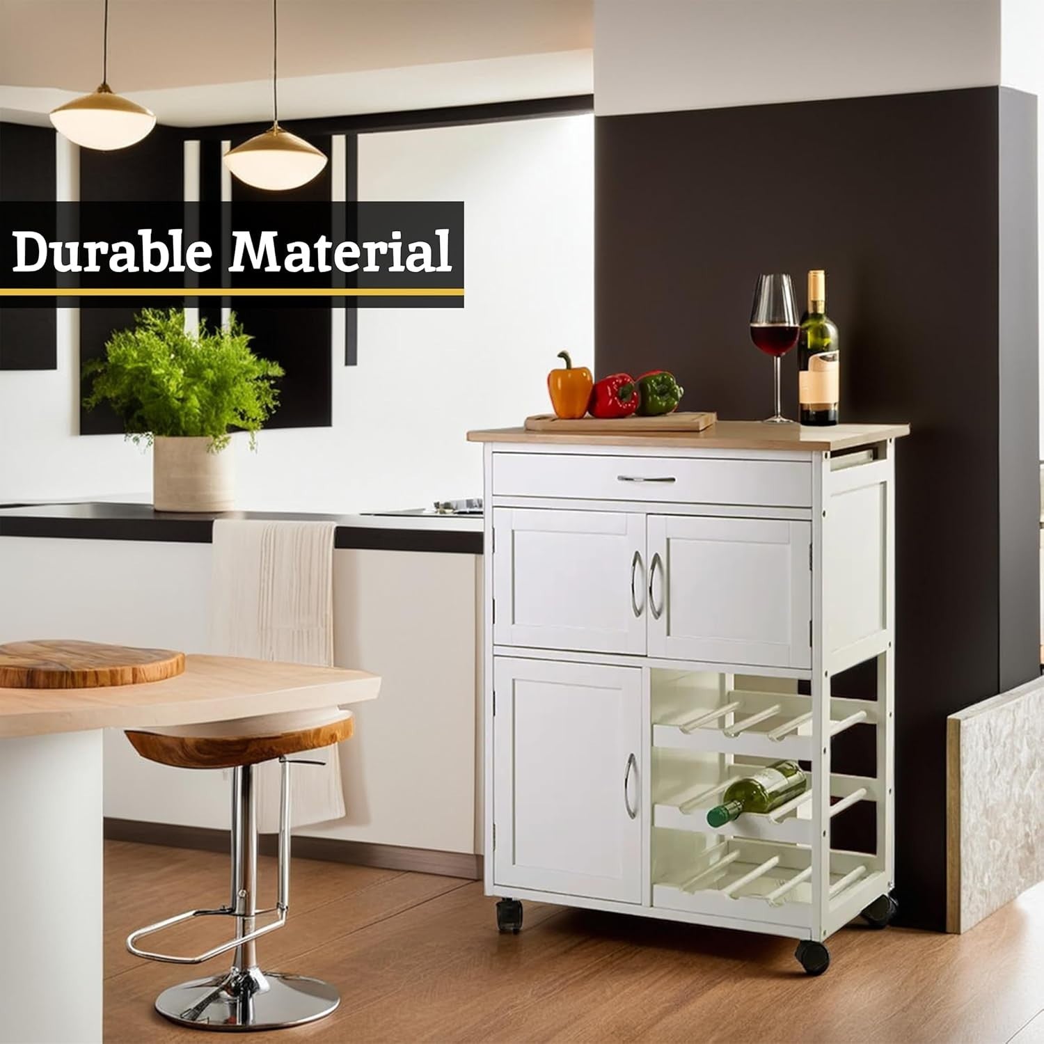 White Kitchen Island Trolley on Wheels Bamboo Top Storage