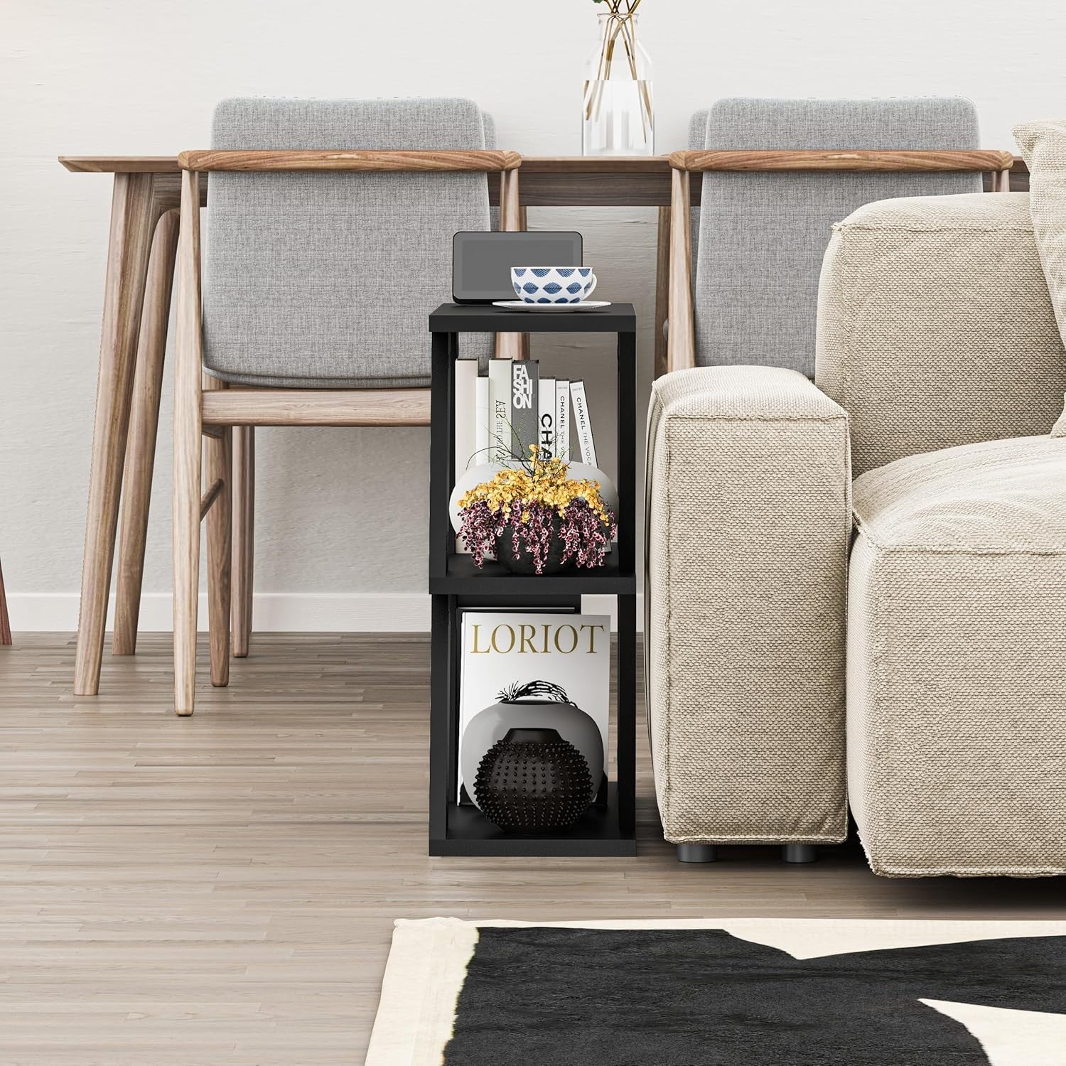 Slim 2 Tier Narrow Side Table with Storage Shelves | Modern Black End Table