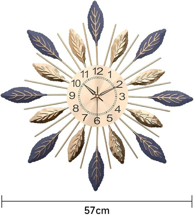 Large 55cm Leaf Wall Clock Silent Blue Gold Modern Metal Decorative Home Decor