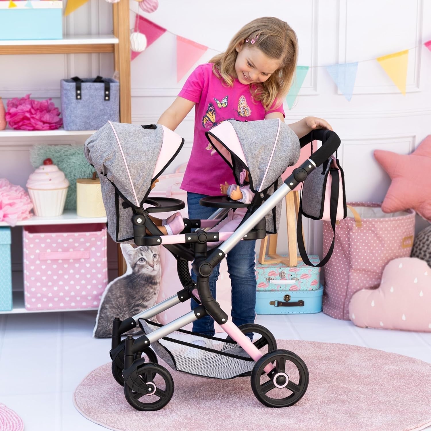 Twin Doll Pram Double Stroller Adjustable Handle Foldable Basket Bag