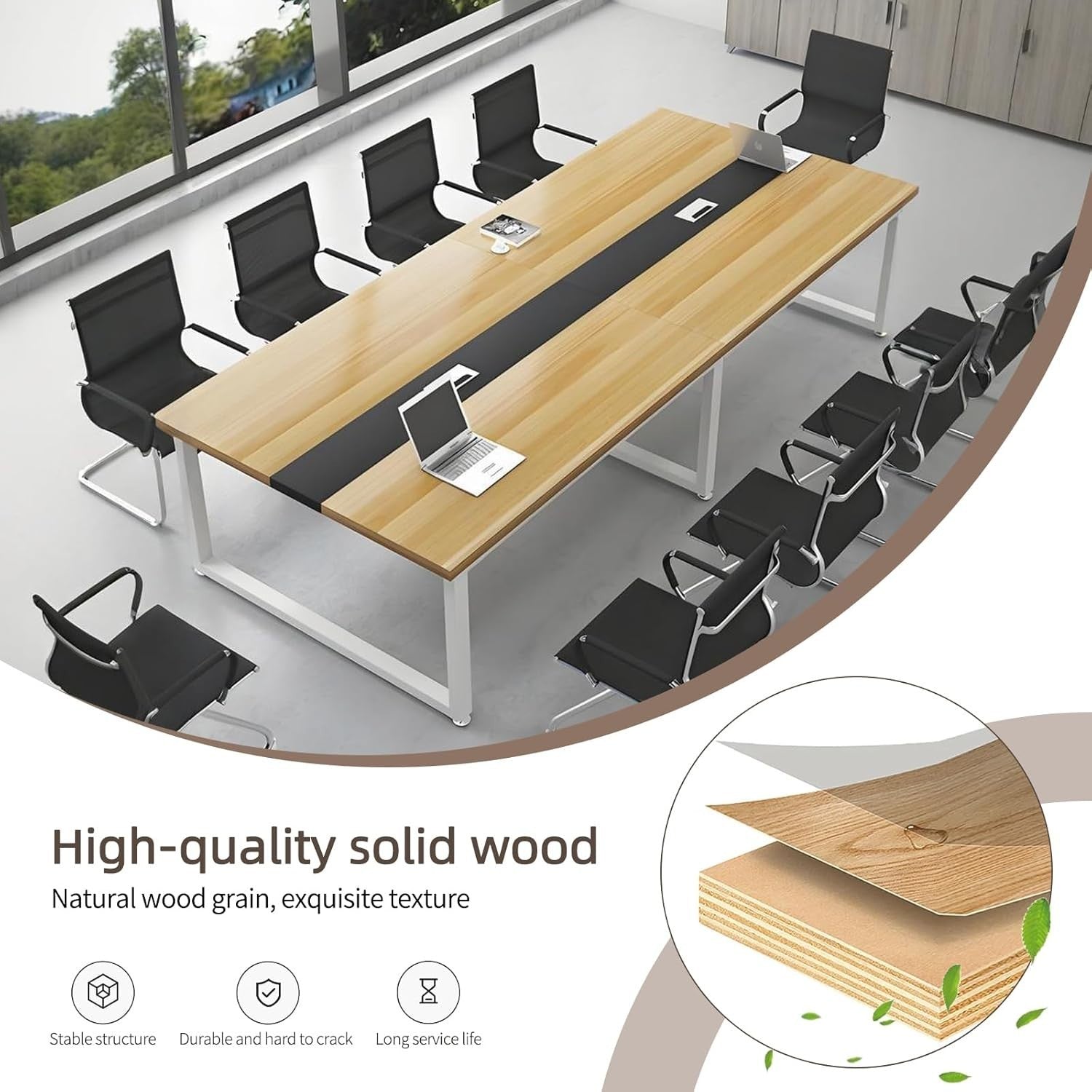 Large Black Conference Table Meeting Desk w/ Cable Duct Metal Frame 120×60cm