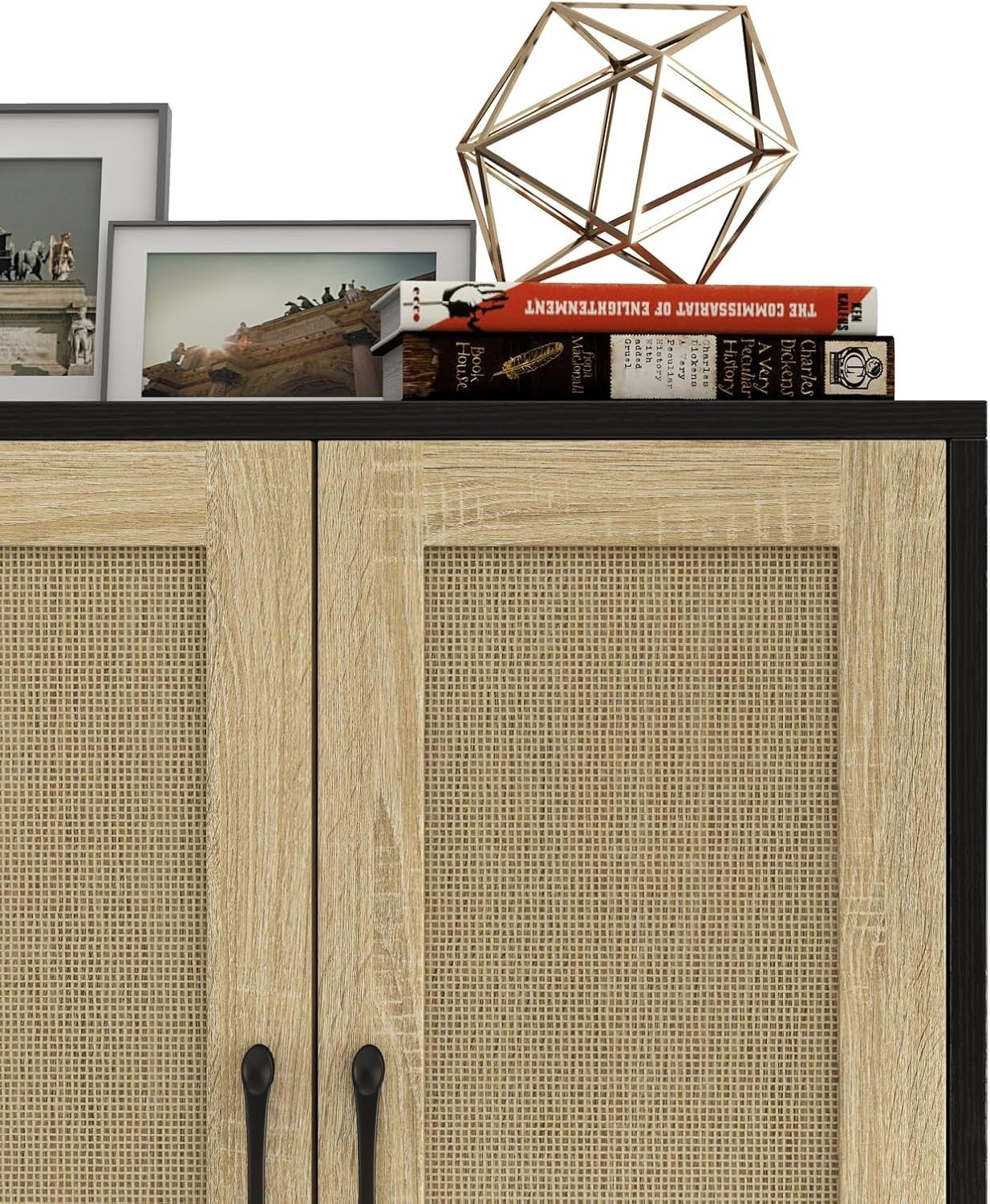 Black Buffet Storage Cabinet with Rattan Doors Adjustable Shelves Modern