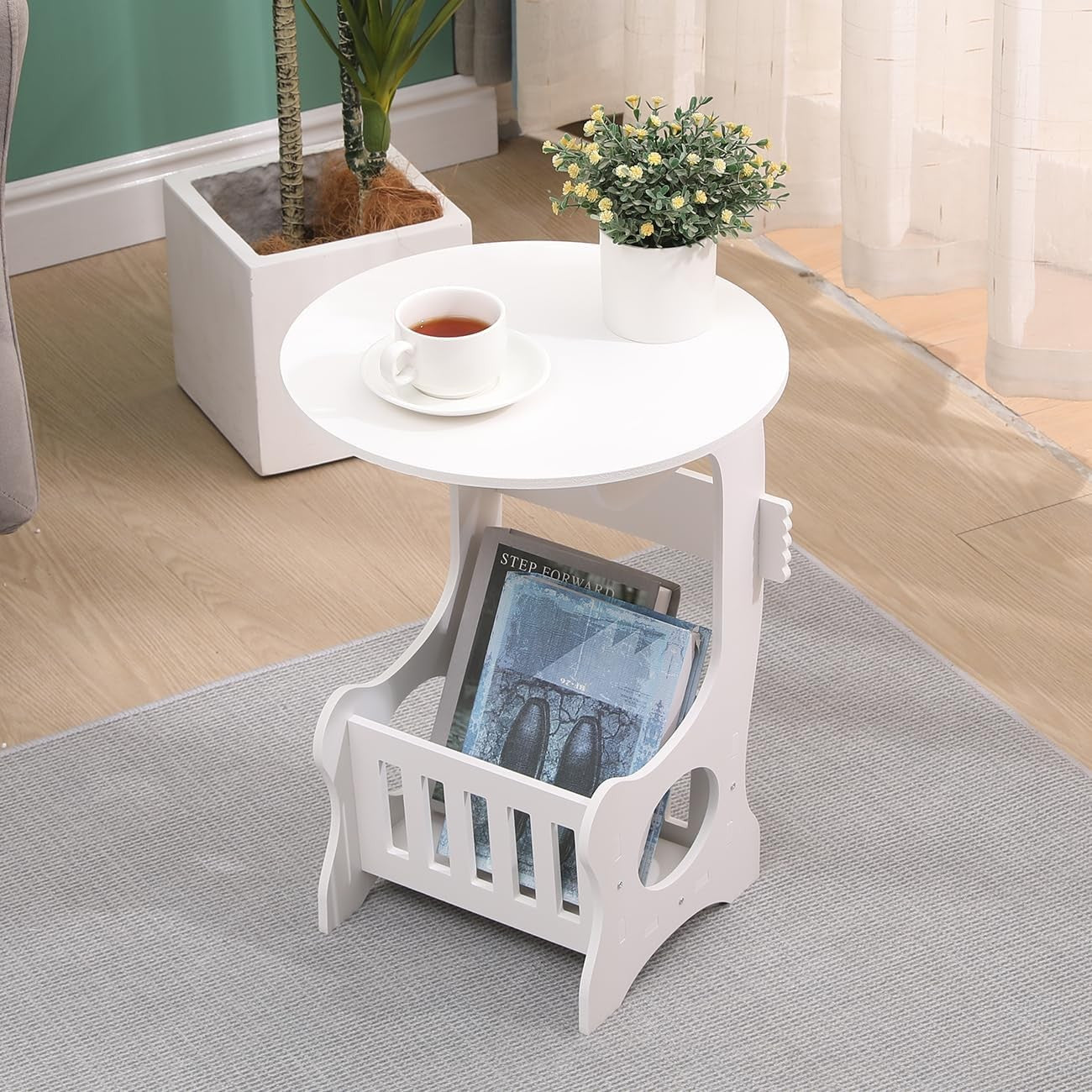 Round White Bedside Table with Shelf, Slim Corner Side Table for Small Spaces