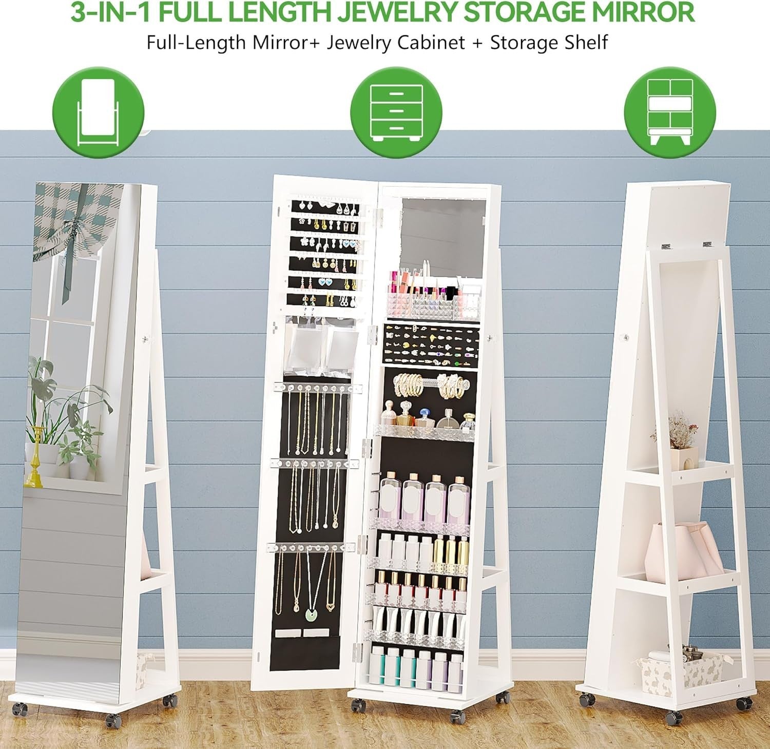 White 360° Swivel LED Jewelry Cabinet Mirror Lockable Rolling Organizer