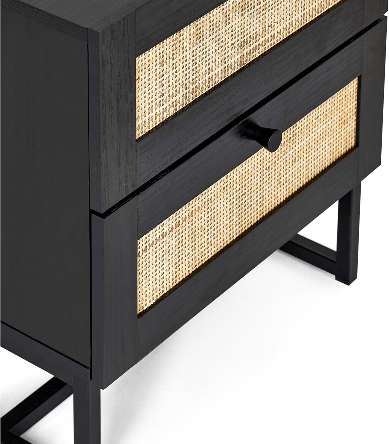 Modern Black 2 Drawer Bedside Table with Rattan Front 50x30x55cm