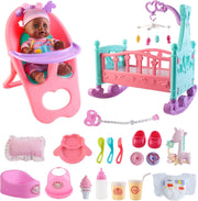 12 Inch Baby Doll Playset 21pcs w Crib High Chair Feeding Toys