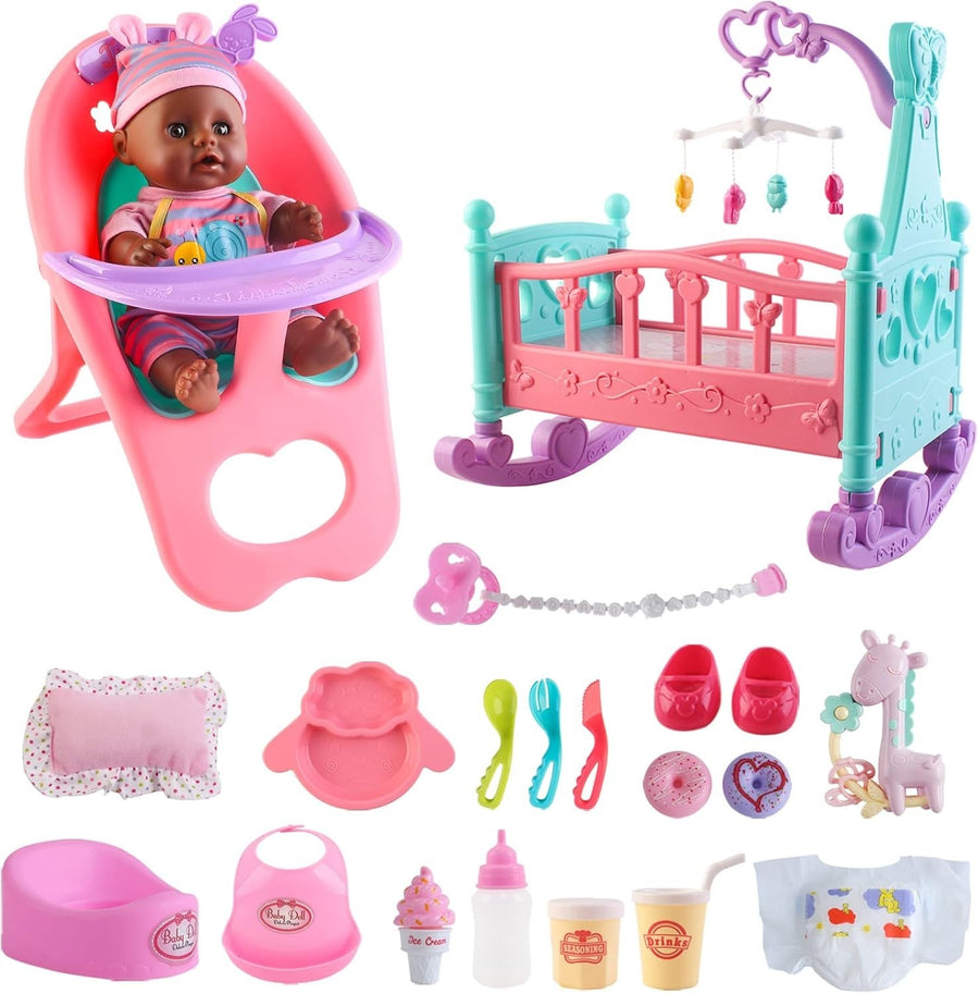 12 Inch Baby Doll Playset 21pcs w Crib High Chair Feeding Toys