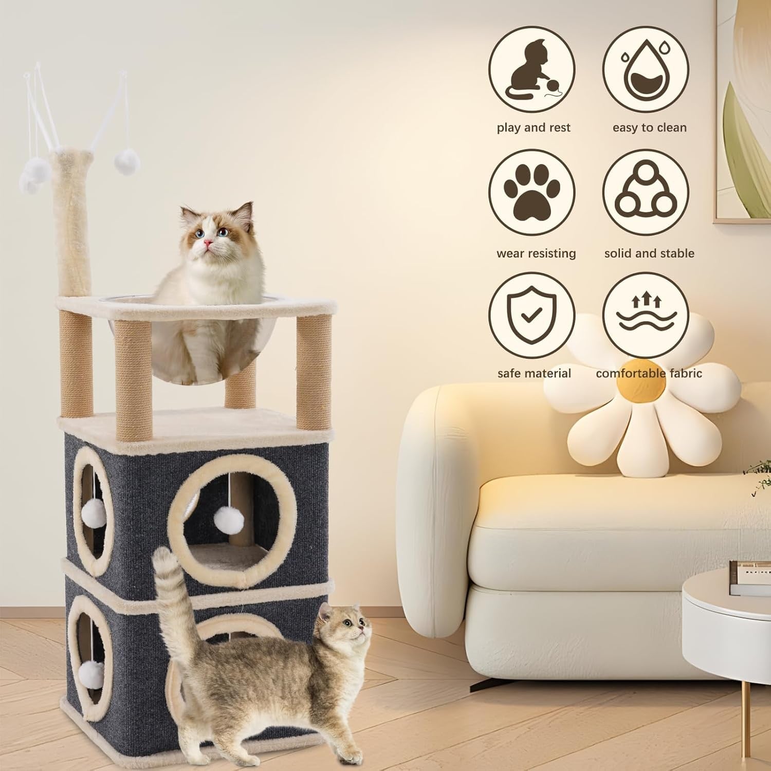 3 Tier Cat House Tower with Scratching Posts Condo Playhouse for Kittens