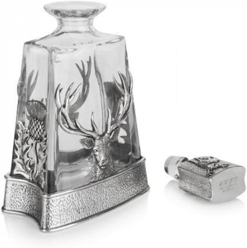 Scottish Thistle Stag Whisky Decanter 60cl Pewter Crystal Pyramid Design