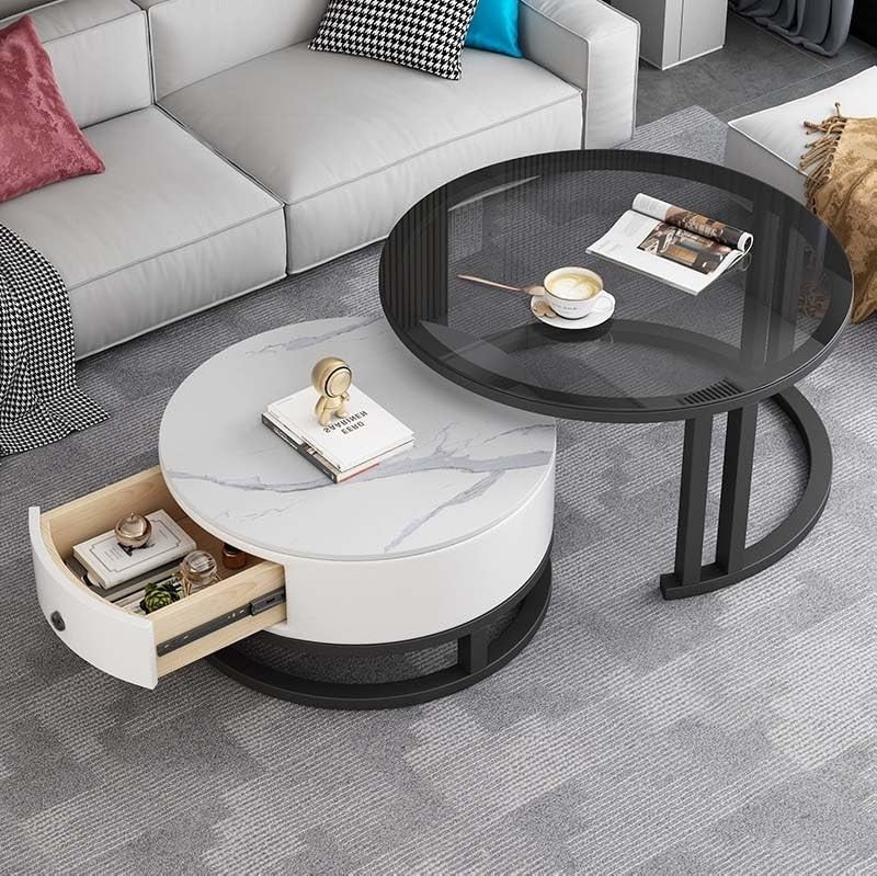 Nesting Coffee Table Set of 2 – Round Tables with Storage & Metal Frame