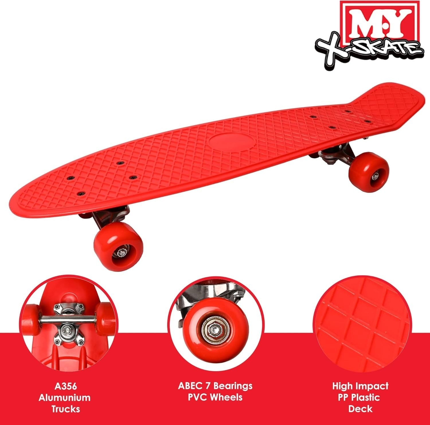 Retro 22" Mini Cruiser Skateboard Red | Deck, ABEC 7 Bearings, Kids & Adults