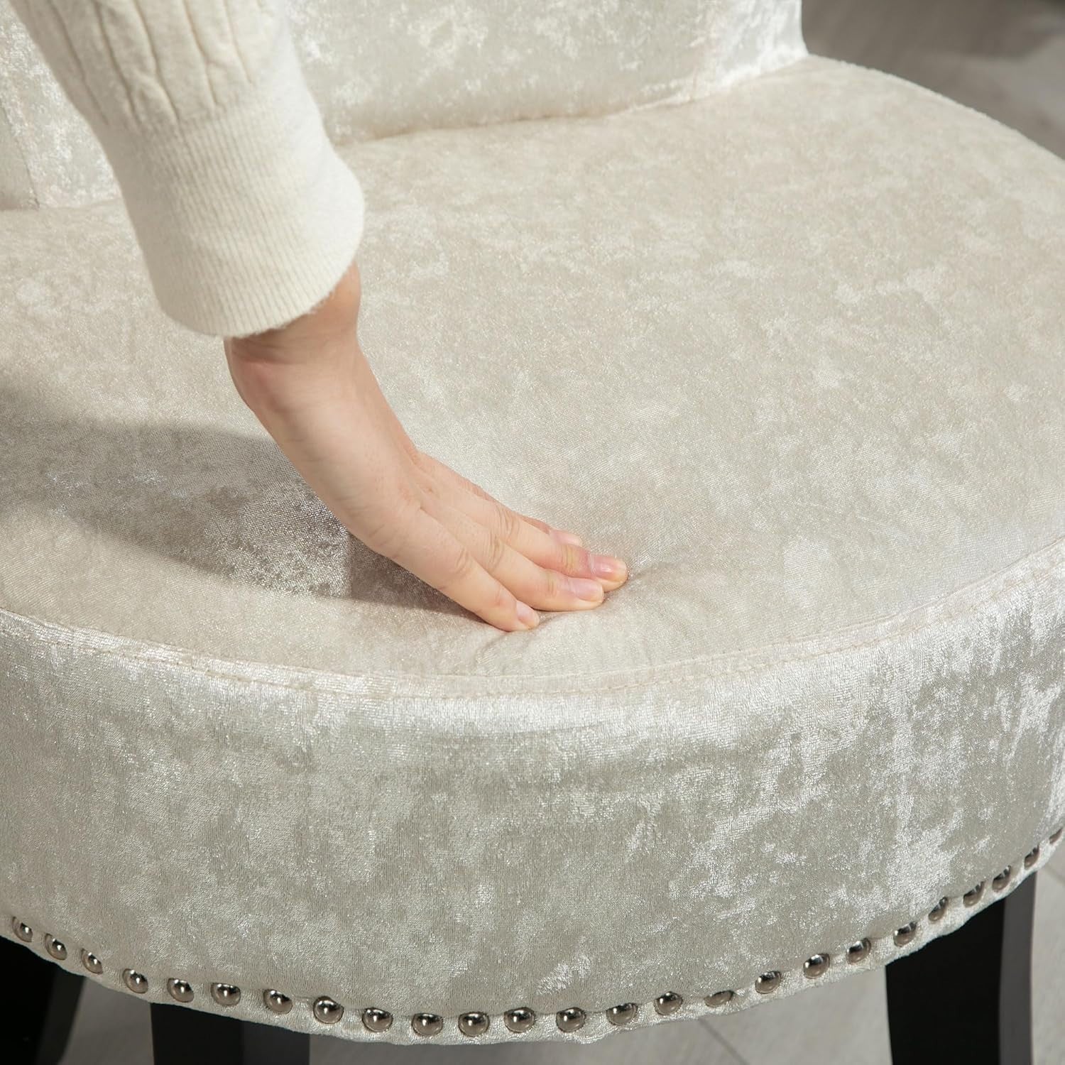 Beige Ice Velvet Dressing Table Stool Rubber Wood Legs Padded Vanity Seat