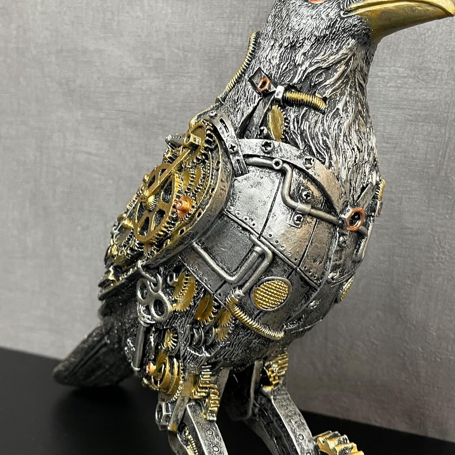 Steampunk Crow Ornament Industrial Silver Resin Gothic Bird Sculpture 27cm