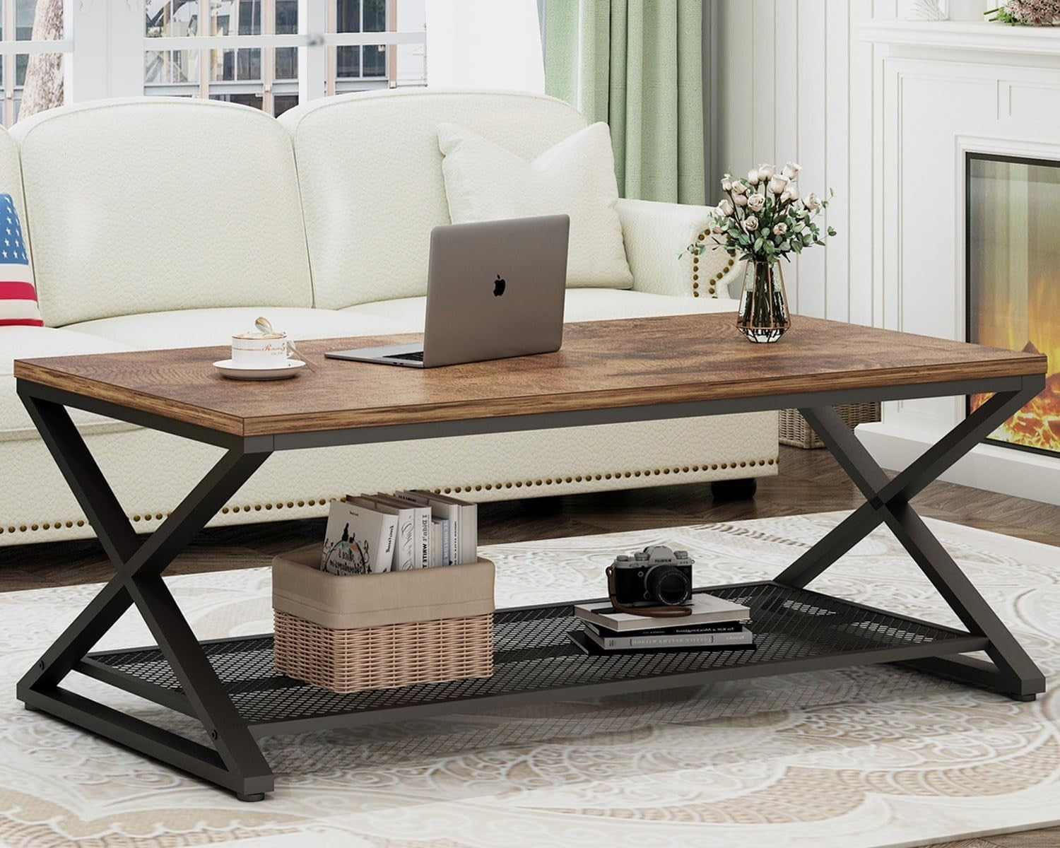 Rustic 2 Tier Coffee Table with Storage Shelf, Industrial Wood Metal Living Room