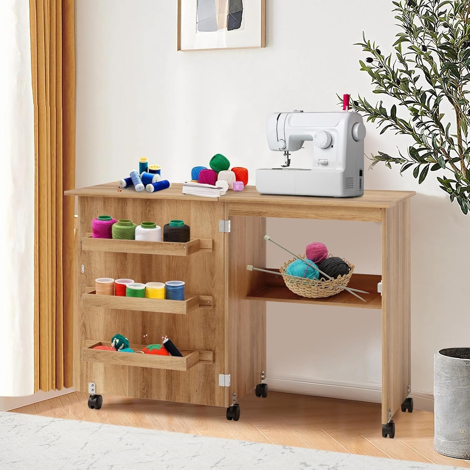 Folding Sewing Table 117cm Mobile Craft Desk with Shelves & Wheels Natural