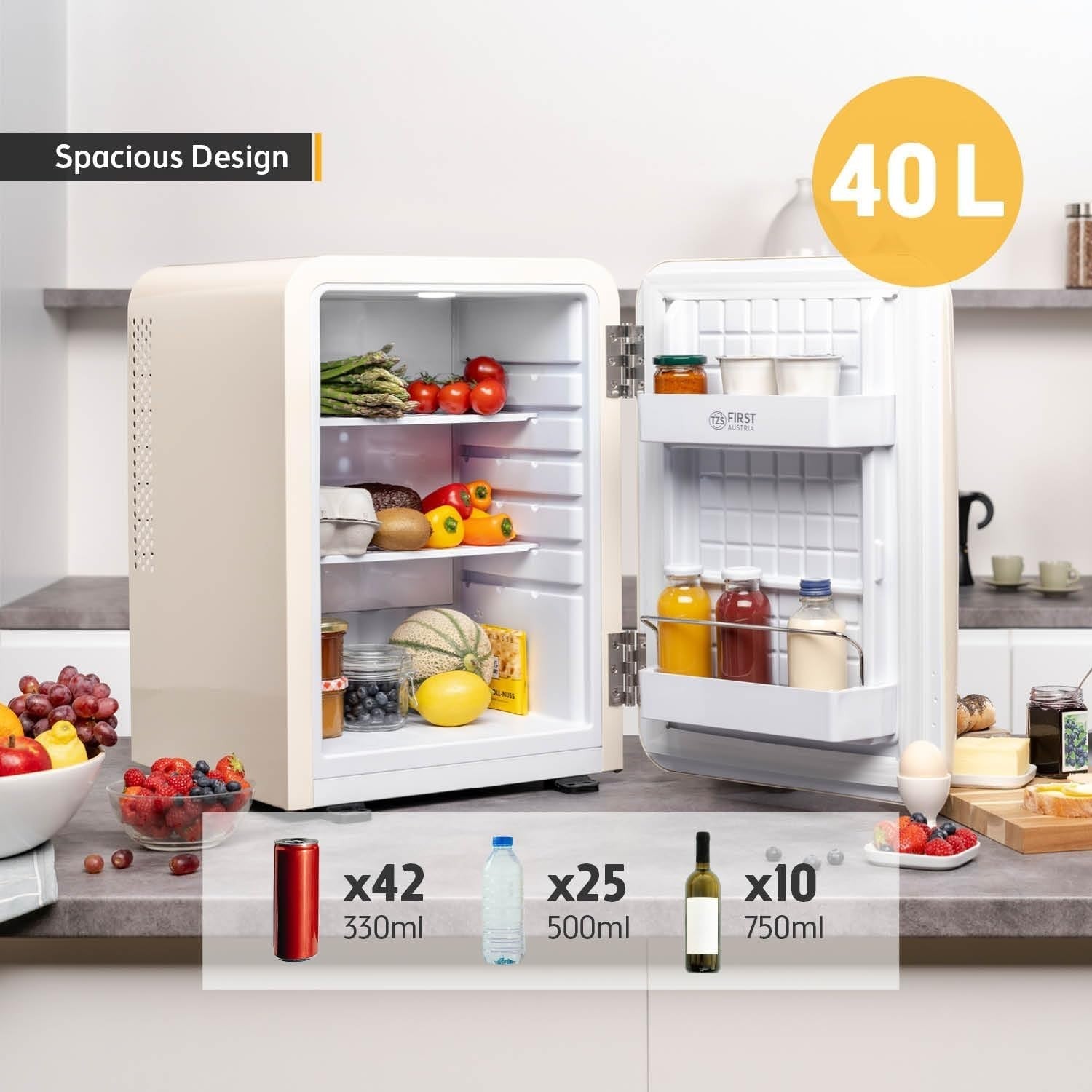 40L Retro Mini Fridge Silent Frost-Free LED Interior Freestanding