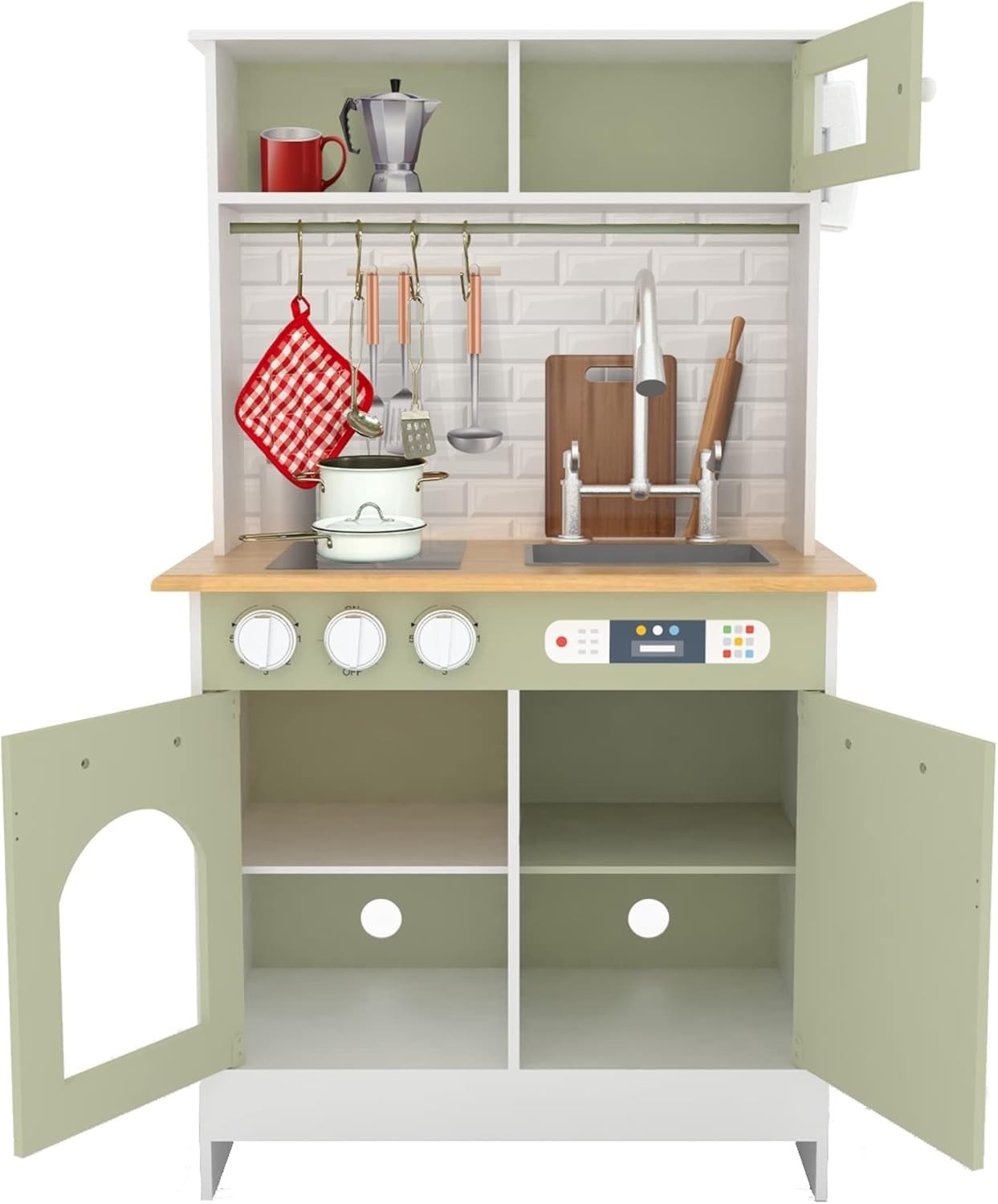 Wooden Kids Play Kitchen Farmhouse Toy Set Accessories Light Green