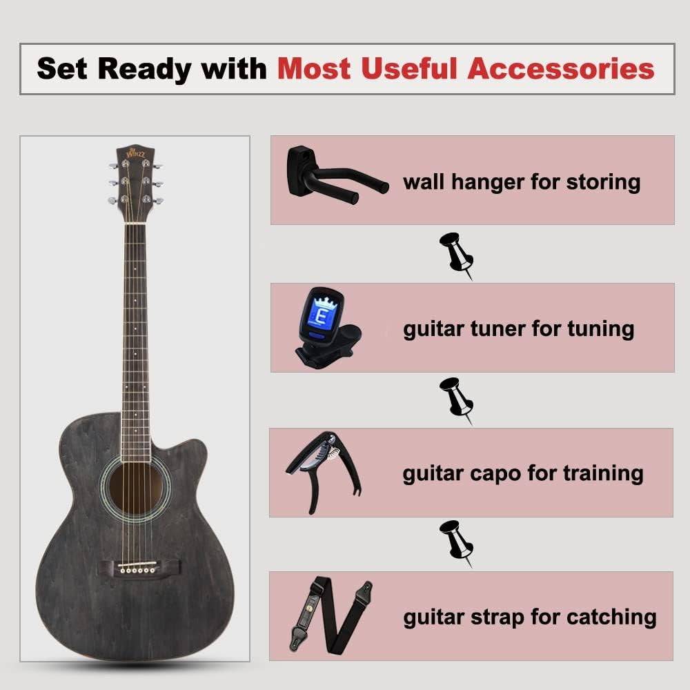 3/4 Acoustic Guitar 36in Cutaway Starter Kit Black Grey
