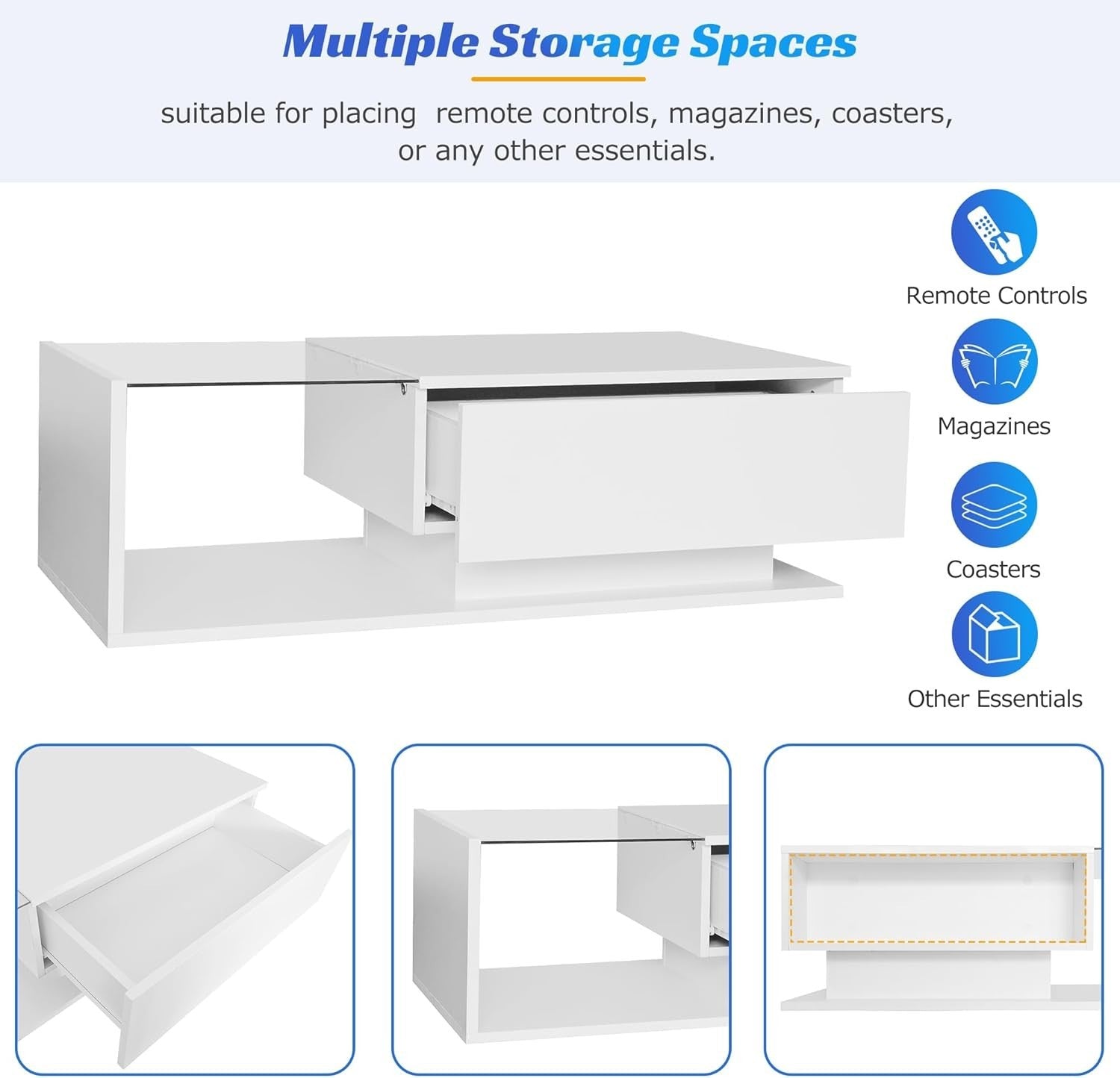 LED High Gloss Coffee Table with Drawer & Storage, Modern Glass Center Table