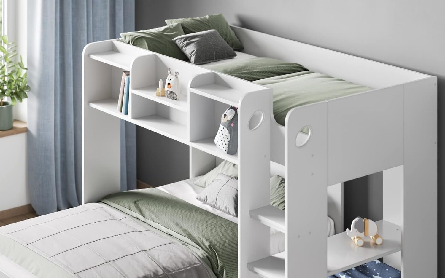 Triple L Shaped Bunk Bed with Storage Shelves Kids Safe White Wood
