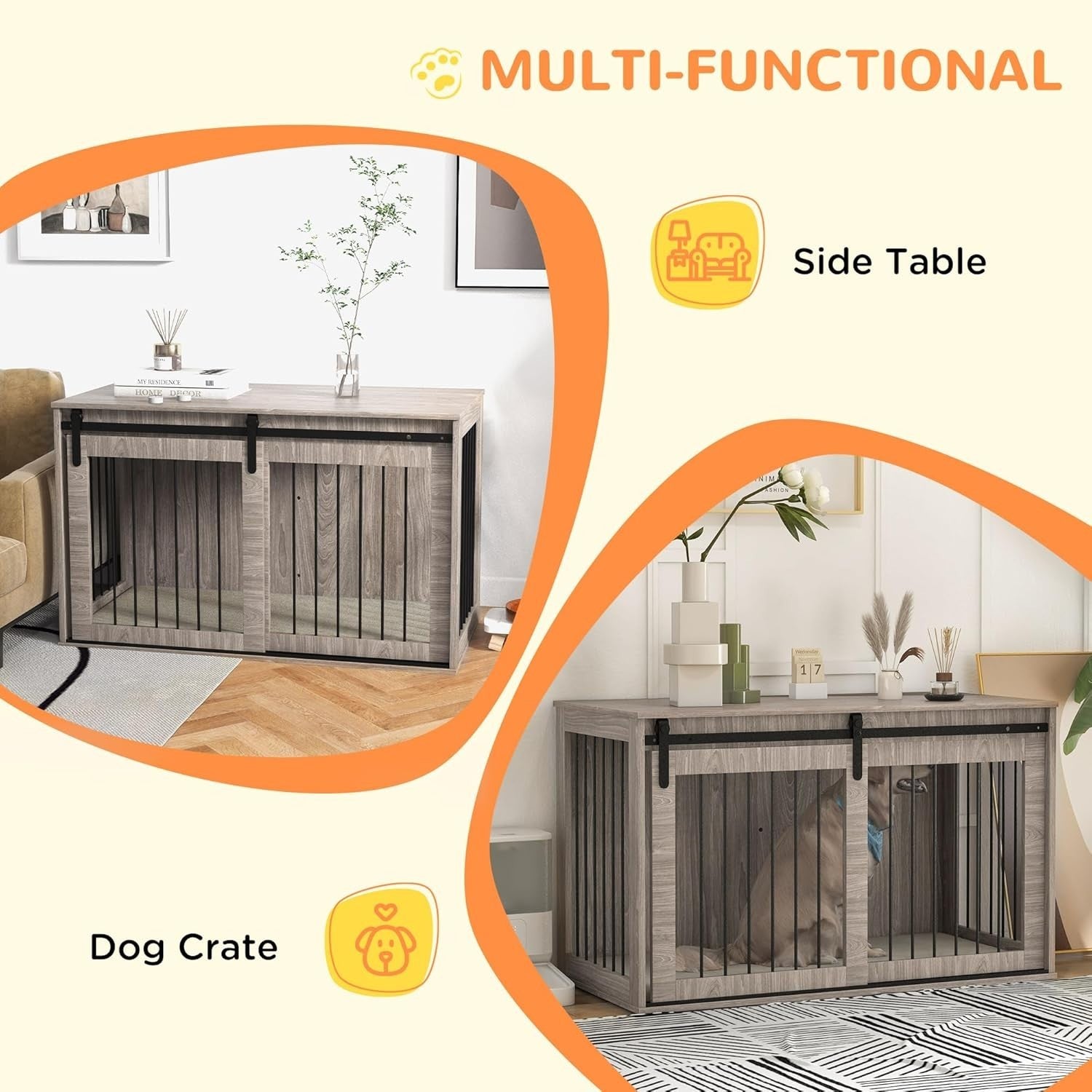Heavy Duty Extra Large Dog Crate Furniture with Sliding Barn Door & Cushion
