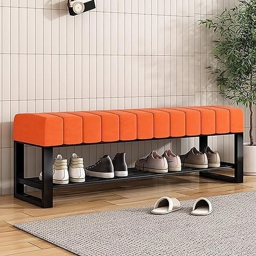 2-Tier Velvet Shoe Bench with Padded Seat – Entryway & Bedroom Rack Orange