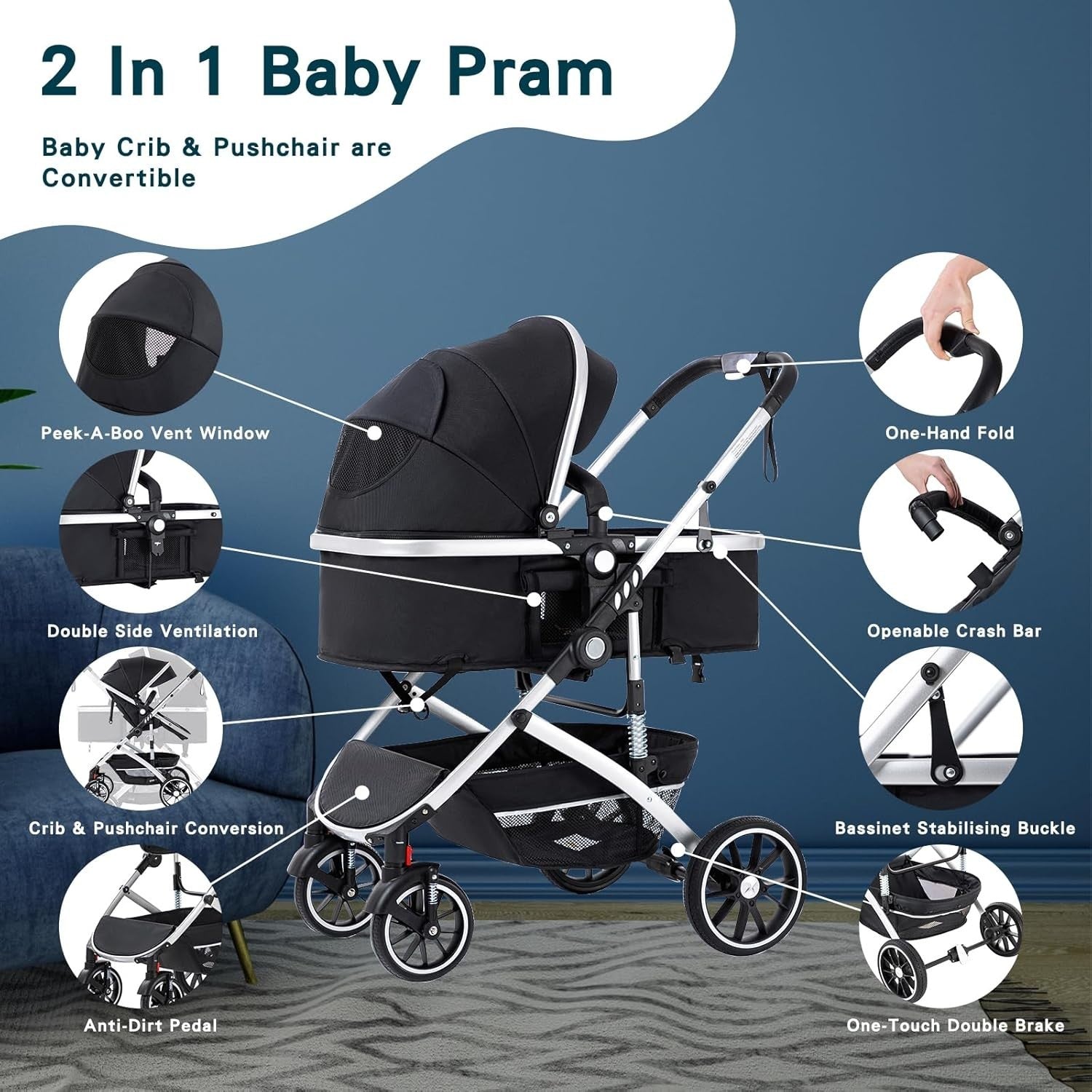 3-in-1 Baby Stroller Travel System Car Seat Pram Foldable Black