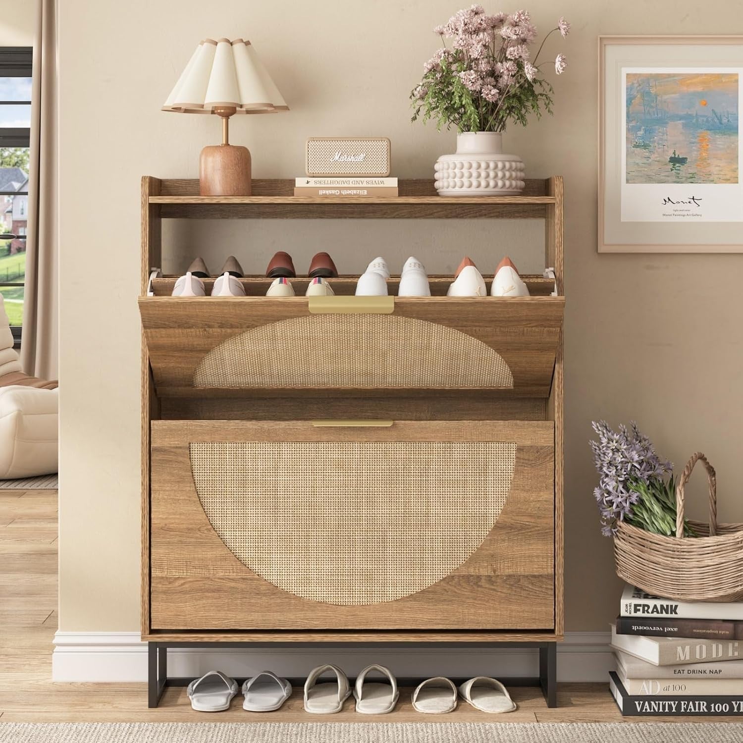 Narrow Flip Drawer Shoe Cabinet for 20-28 Pairs, Rustic Rattan Storage