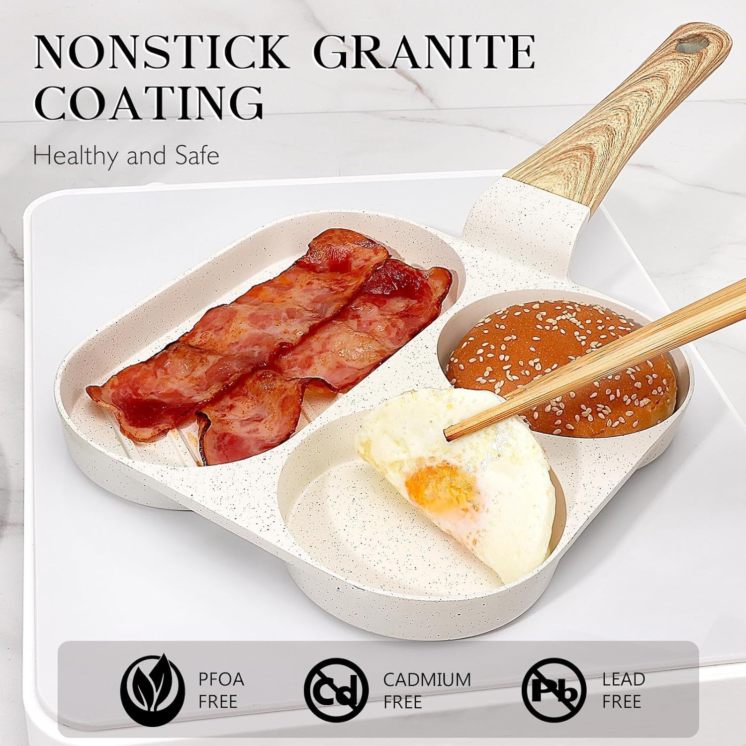 3-Cup Non-Stick Egg Pan Granite Omelette Skillet, White Multi-Section Pan