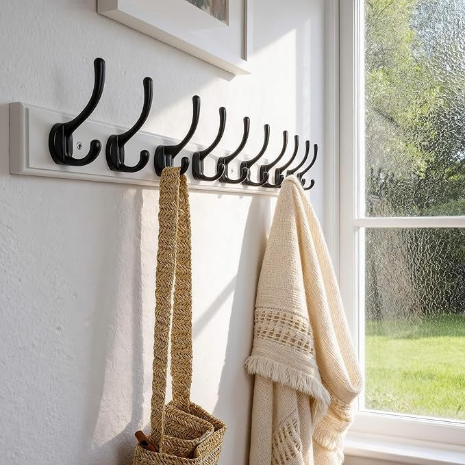 White Wall Mounted Coat Rack 97cm | 10 Heavy Duty Hooks Wooden Hanger Rail