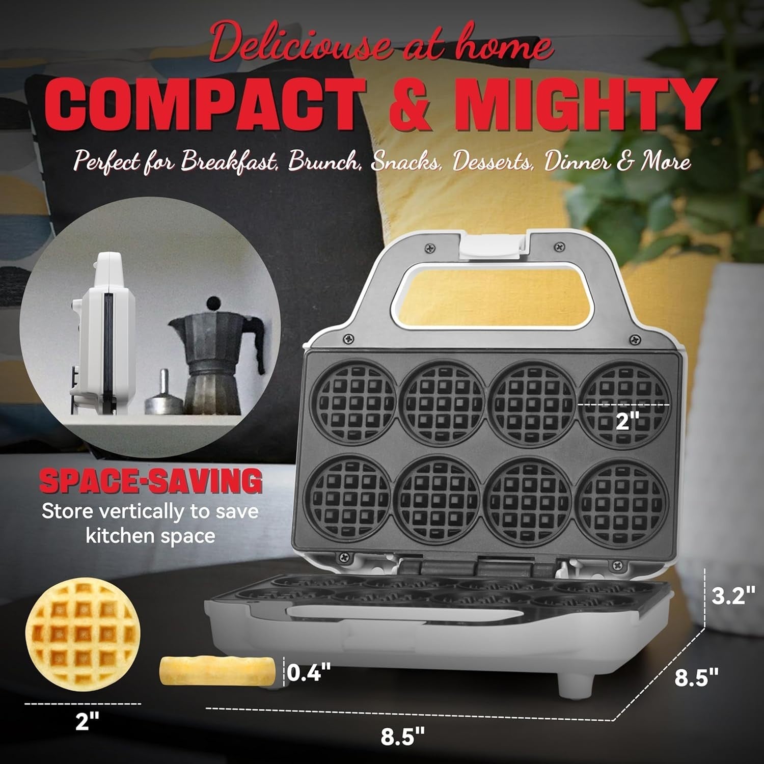 Mini Waffle Maker 8x2'' Non-Stick Compact Tiny Waffle Iron White