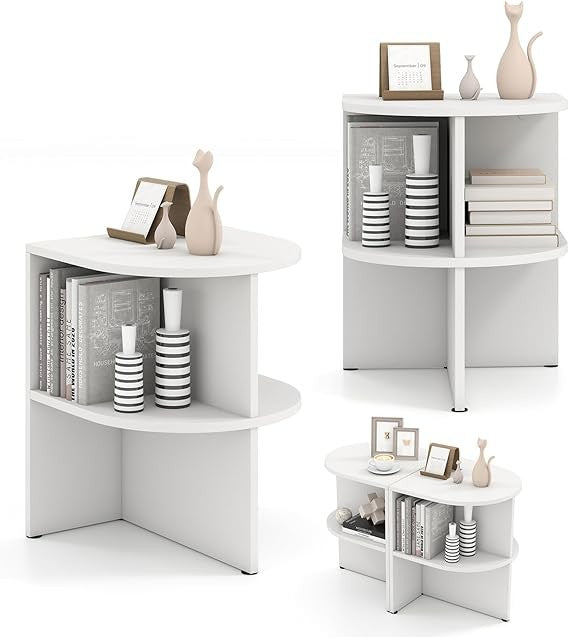 2x Half Round Side Tables | White 2-Tier Bedside Sofa End Tables with Shelves