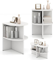 2x Half Round Side Tables | White 2-Tier Bedside Sofa End Tables with Shelves