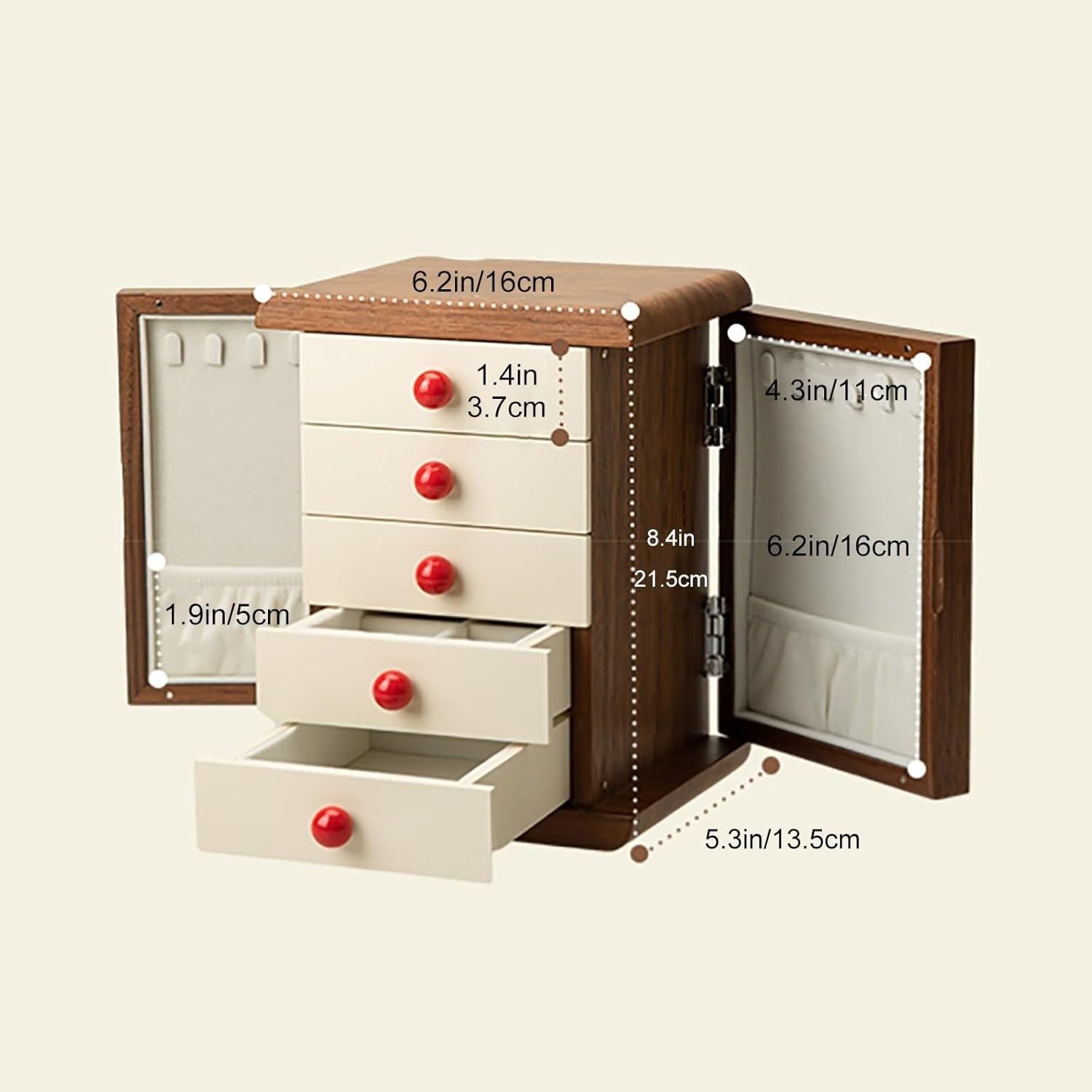 Retro Wooden Jewelry Organizer Box Multi Layer Drawer Magnetic Door