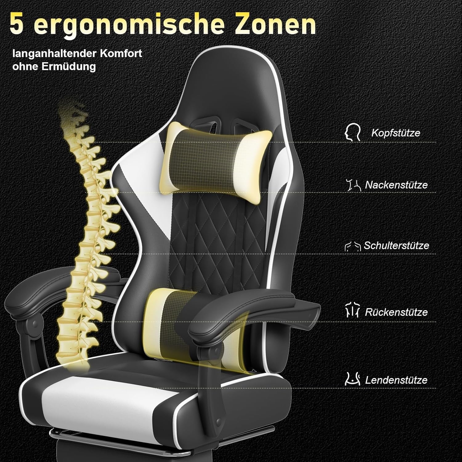Gaming Chair with Massage Lumbar Recliner Footrest 150kg White