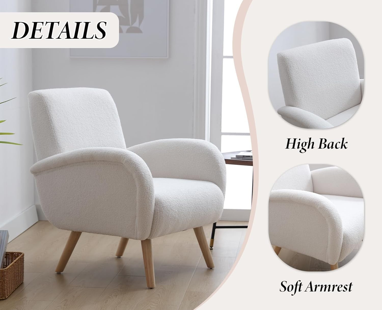 White Faux Fur Accent Tub Chair Wooden Legs Modern Armchair