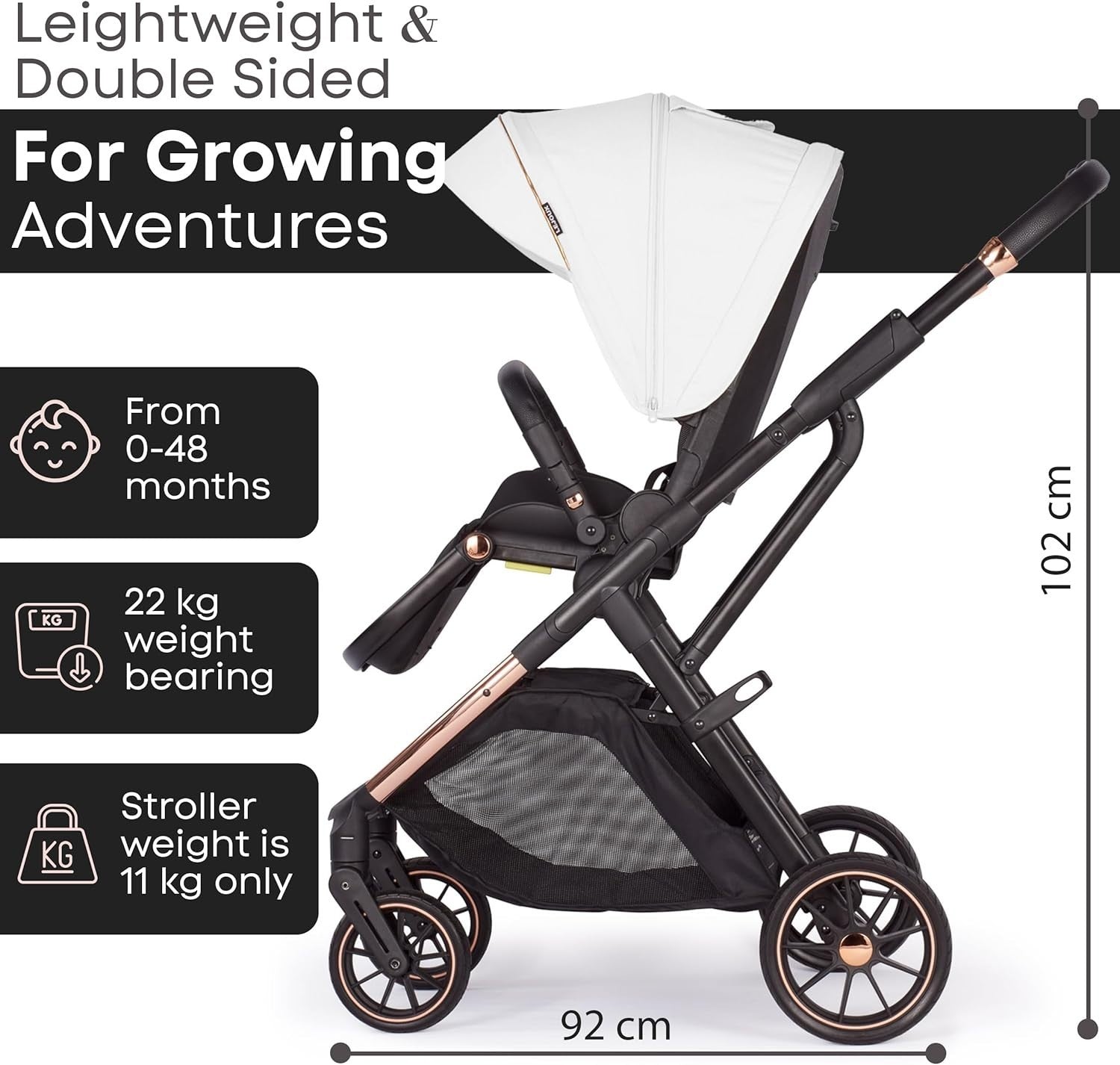 Baby Pushchair Reclining Seat Smooth Suspension Compact Stroller Pearl White